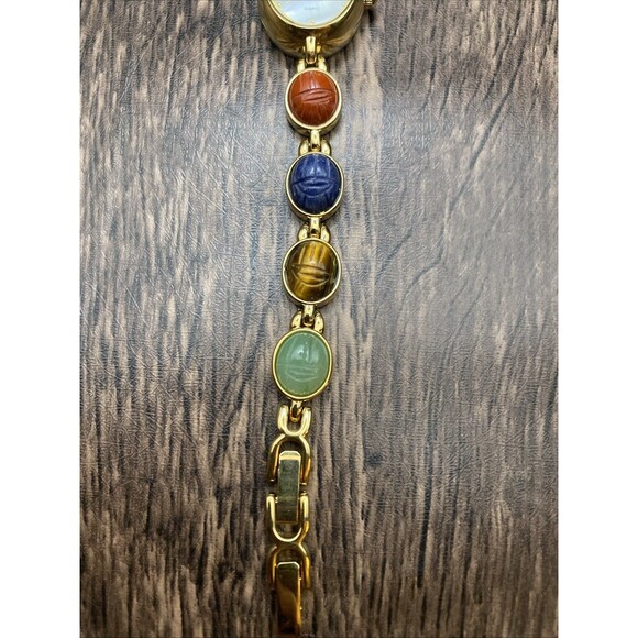 Vintage Ladies 7.25” Dress Watch Gold Tone Scarab Gemstone, New Battery main image 8